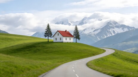 山间绿坡红顶小屋风景