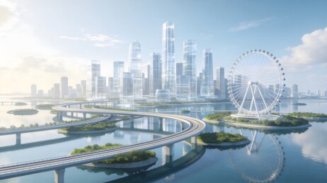 未来城市天际线与摩天轮景观