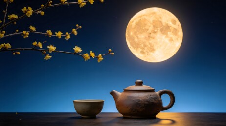 明月夜赏茶花静谧画面