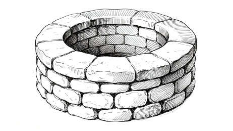复古素描石砌古井手绘插画素材