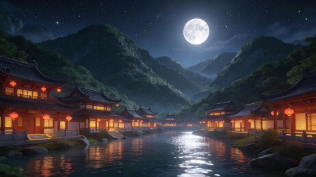 满月江畔古建水乡夜景