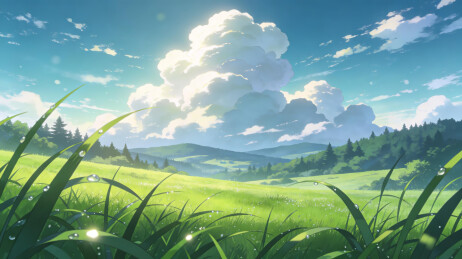 晴日树林草地风景画