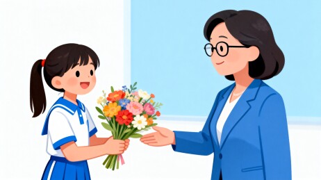 女孩向老师赠送花束表达感谢