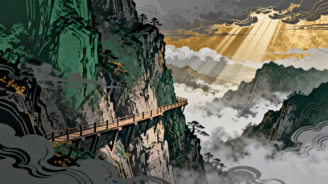 山间云雾中的悬空栈道