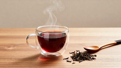 热茶杯与散落茶叶