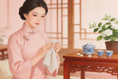 穿粉衣女子整理茶具旁的茶事