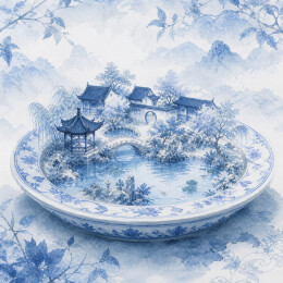 青花瓷盘里的园林山水