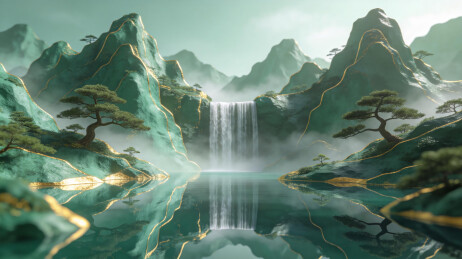 青绿山水瀑布国风绘画