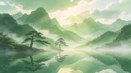 湖光山色草木繁盛青绿山水图