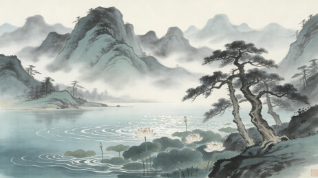 平湖古松圆月国风山水风景画