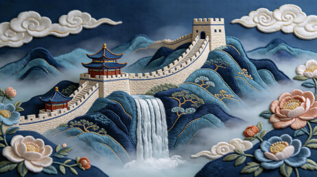 长城古松花卉国潮山水插画