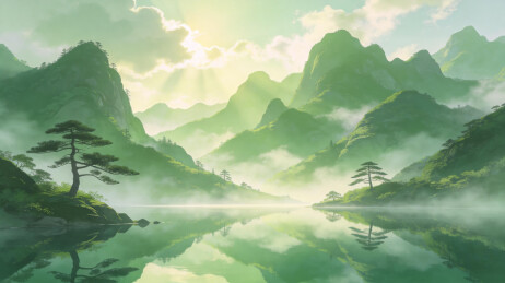 青绿山水湖面风景画