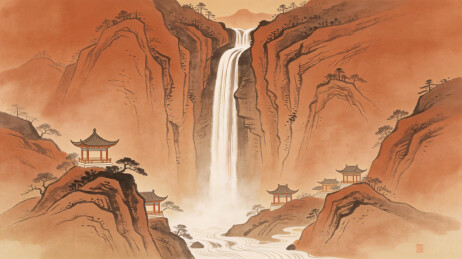 红褐山石瀑布古亭国风山水图
