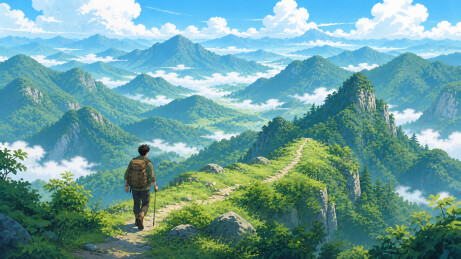 登山者沿山脊小径远行