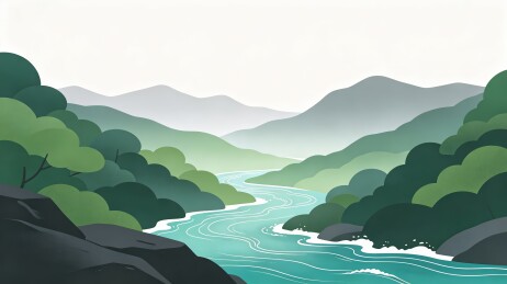 山林溪流扁平插画自然风景背景