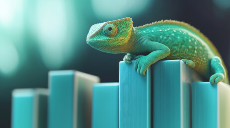 绿色变色龙趴在柱状图上的3D概念插画