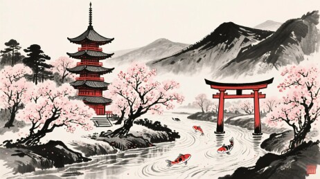 东方水墨风景插画