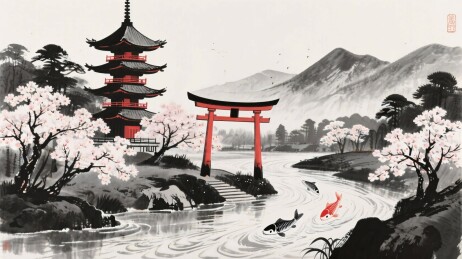 东方水墨风景插画