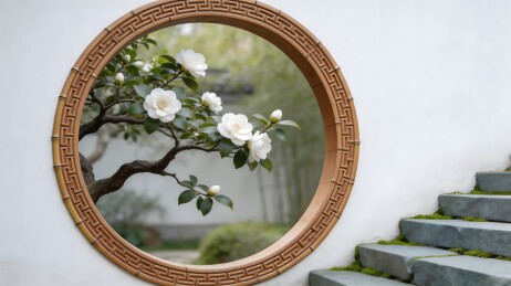 圆形木窗框中白山茶花枝与石阶景致