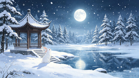 冬夜雪景亭台插画