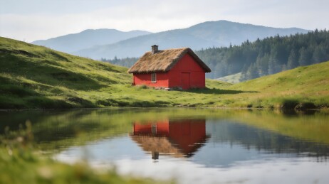红屋草顶湖畔山景