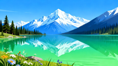 雪山湖景与花丛