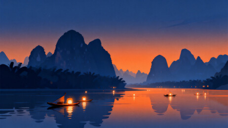 黄昏山水倒影湖景