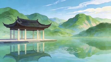 山水画风亭台楼阁静谧湖景