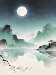 明月高悬山水静谧夜景