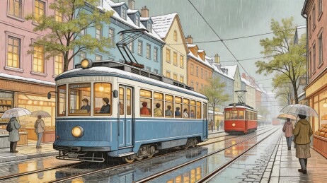 雨中城市电车行驶街景