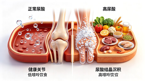 正常与高尿酸痛风关节对比医学图解