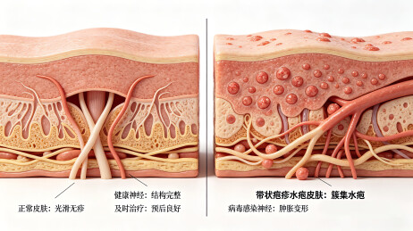 正常与带状疱疹皮肤组织 3D 解剖对比图