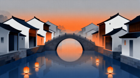 水乡古桥夕照图