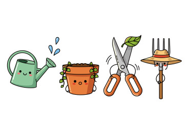 萌系拟人家用园艺种植工具手绘插画