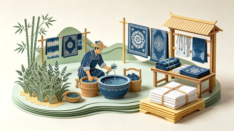 传统蓝染技艺古法工艺纸雕立体插画