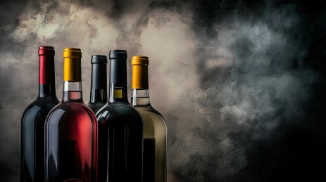 葡萄酒瓶并排排列，奢华酒类广告摄影