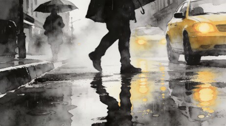 水墨雨天街景行人撑伞车辆背景