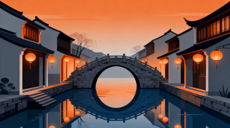 古桥水乡黄昏景