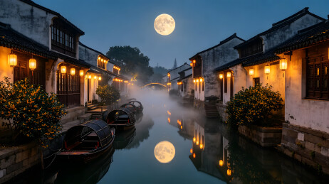 水乡夜景倒影插画