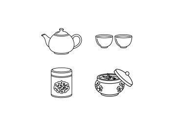 中式传统茶具茶壶茶杯线描图标
