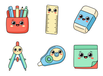 拟人化可爱学生文具笔筒直尺橡手绘插画