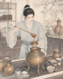 古装店员用长柄勺舀取糖浆