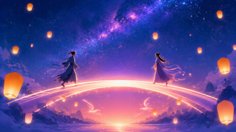浪漫七夕星空下情侣在桥头相会