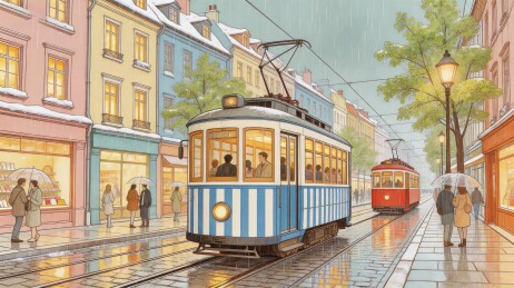 雨后城市电车街景