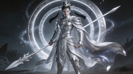 银甲战士持长矛立于光环前