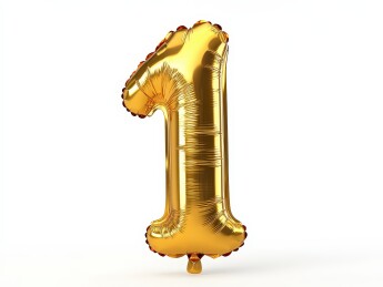 白色背景下的金色充气气球金箔数字“1”气
