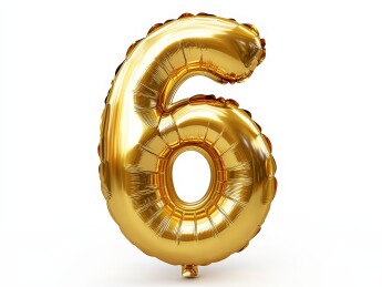 白色背景下的金色充气气球金箔数字“6”气