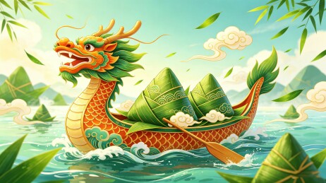 国风龙舟粽子祥云插画图