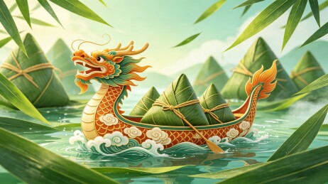 3D龙舟粽子漂浮水面场景