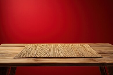 红色背景下木制桌面上平铺着竹席，产品展示